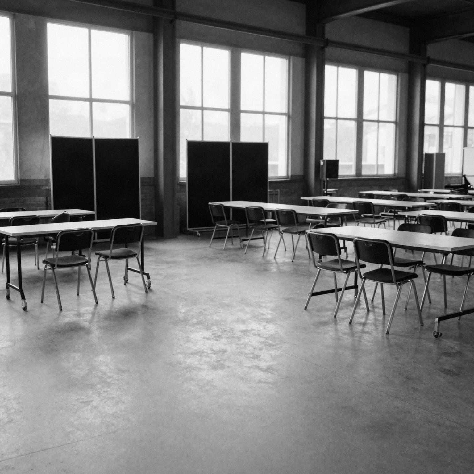 An empty industrial hall with tall windows and tables set out for tattoo booths